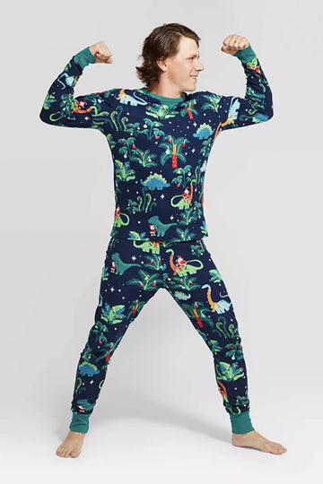 Granatowa i Zielona Drukowane Rodzinna Świąteczna Piżama Z Długim Rękawem